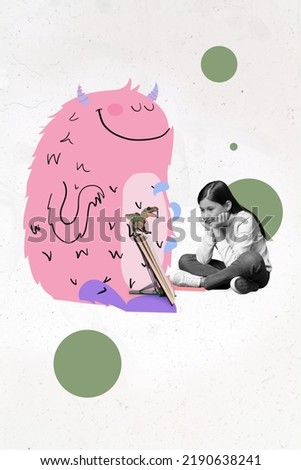 Vertical collage image of little girl black white effect read book painted huge fairy animal dinosaur isolated on drawing background