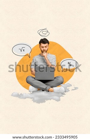 Vertical collage image of minded focused guy sitting cloud use netbook think ponder bubble count finance isolated on creative background