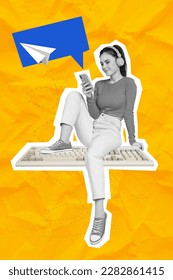 Vertical collage image of mini black white gamma girl sit big keyboard use smart phone chatting ukraine news isolated on yellow background - Shutterstock ID 2282861415
