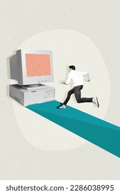 Vertical collage image of mini black white effect guy running towards hypnotic big pc screen isolated on painted background
