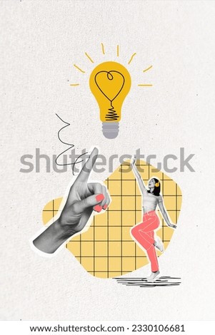 Vertical collage image of mini black white effect excited girl listen music headphones dance huge arm point finger drawing light bulb