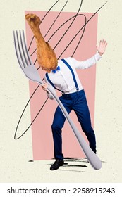 Vertical collage image of mini guy fried chicken leg instead head arm hold big fork isolated on creative background