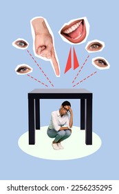 Vertical collage image of mini person hide under table big arm point finger blame accuse hate eyes watch smiling mouth - Shutterstock ID 2256235295