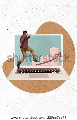 Vertical collage image of mini running person running netbook screen growing stairs arrow upwards isolated on painted background