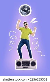 Vertical collage image of overjoyed positive guy stand big boombox dancing disco ball isolated on drawing background - Shutterstock ID 2256235301