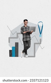 Vertical collage image of positive corporate guy use netbook growing stats charts first place champion medal isolated on white background - Shutterstock ID 2337121123