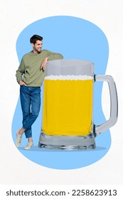 Vertical collage image of positive guy look big large pint glass beer isolated on painted background - Shutterstock ID 2258623913
