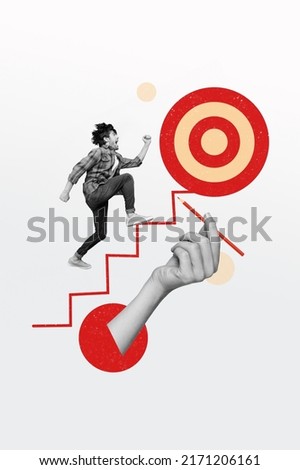 Vertical collage image of running person black white gamma large hand drawing target stairs up