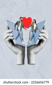 Vertical collage image of two black white gamma arms hold telephone screen two people run together red heart isolated on creative background - Shutterstock ID 2256656779