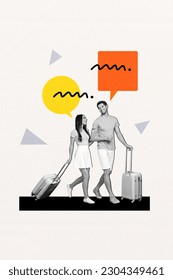 Vertical collage image of two black white gamma partners hold arms suitcase walking chatting dialogue bubble isolated on painted white background