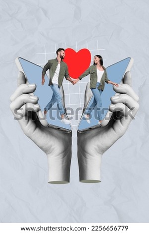 Vertical collage image of two black white gamma arms hold telephone screen two people run together red heart isolated on creative background