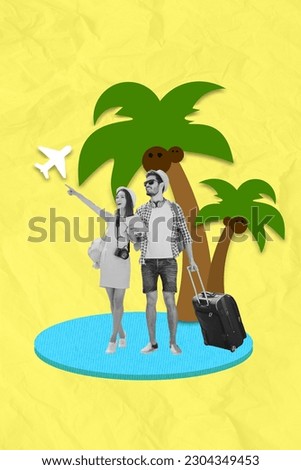 Vertical collage image of two black white effect people point finger flying plane hold suitcase painted palm tree isolated on yellow paper background