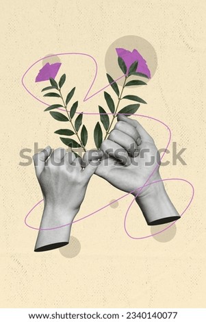 Vertical collage image of two black white effect arms hold pinky fingers fresh flowers isolated on drawing beige background