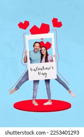 Vertical collage image two excited positive people hands hold paper album card valentine day photo zone isolate don drawing background