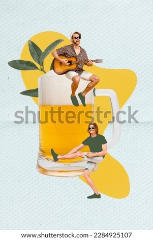 Vertical collage image of two mini overjoyed carefree guys sit huge beer pint play guitar isolated on creative background