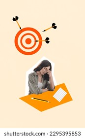 Vertical collage image of unsatisfied gloomy girl tired working pencil paper desk darts board target arrows isolated on beige background
