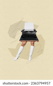 Vertical collage image weird unusual silhouette no face woman typewriter instead head isolated drawing background