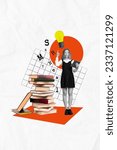 Vertical collage of little funny girl school learning bookworm stack literature eureka brainstorming lamp isolated on white background