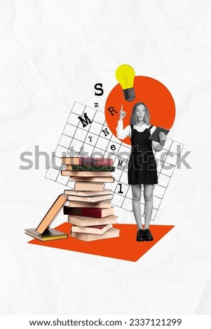 Vertical collage of little funny girl school learning bookworm stack literature eureka brainstorming lamp isolated on white background