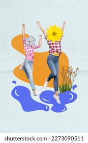 Vertical collage metaphor portrait two girl spring flowers instead head jumping water puddle isolated drawing background