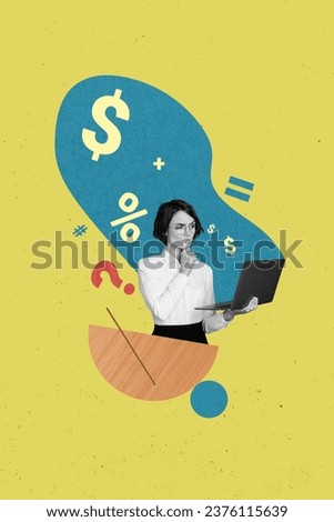Vertical collage of minded black white colors girl use netbook contemplate dollar money percent symbol question mark isolated on yellow background