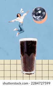 Vertical collage photo of carefree young girl jumping active overjoyed soda cup coca cola disco ball non alcohol drink isolated on blue background