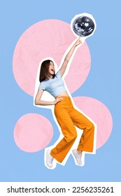 Vertical collage photo party invitation active motion dancing young girl point finger look disco ball event poster isolated on blue pink background - Shutterstock ID 2256235261