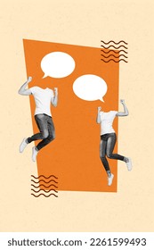 Vertical collage photo picture sketch image happy people no faces speaking blank empty space isolated drawing background