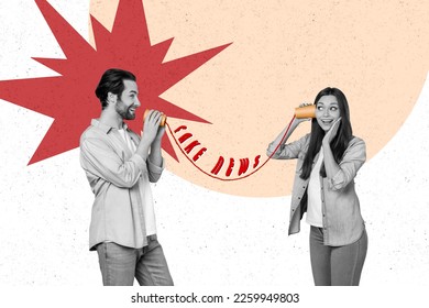 Vertical collage photo poster picture two friends talking imaginary telephone discuss fake news isolated painted background