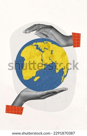 Vertical collage photo poster two arms take care of Earth planet globe symbolizing world day voluntary creative painting background