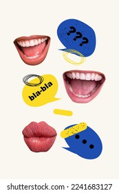 Vertical collage photo of talking mouth people conversation phrases opinions dialogue blabla useless information isolated on white color background - Shutterstock ID 2241683127