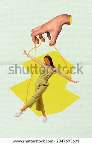 Vertical collage picture of arm fingers hold control tied strings mini dancing girl question mark instead face isolated on paper background