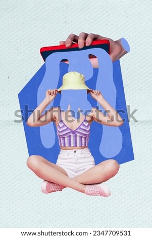 Vertical collage picture of arm hold smart phone display pour water hate mini girl isolated on painted paper background