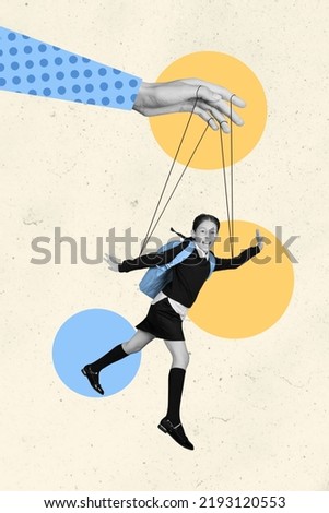 Vertical collage picture of big arm hold strings excited crazy small girl black white gamma isolated on drawing background