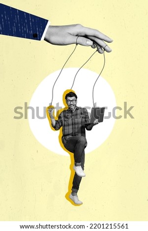 Vertical collage picture of big arm hold strings puppet guy black white gamma isolated on creative painted background