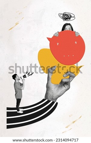 Vertical collage picture of big black white colors arm hold dialogue bubble quotation mini girl hiding guy communicate loudspeaker