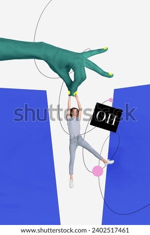 Vertical collage picture of big drawing green arm fingers hold impressed mini girl hang above abyss isolated on creative background