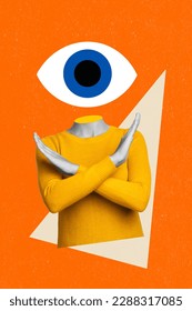 Vertical collage picture of black white gamma person big eye instead head crossed arms isolated on orange background - Shutterstock ID 2288317085