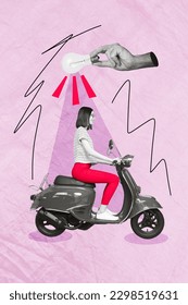Vertical collage picture black white effect arm fingers hold light bulb mini positive girl drive scooter isolated paper pink background