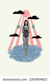 Vertical collage picture black white gamma unsatisfied no face girl swimwear use smart phone crying emoji drawing sun clouds