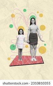 Vertical collage picture black white effect friendly positive mother daughter hold arms isolated drawing paper background