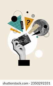 Vertical collage picture of black white colors arm hold photo camera piece book text page question exclamation mark full moon