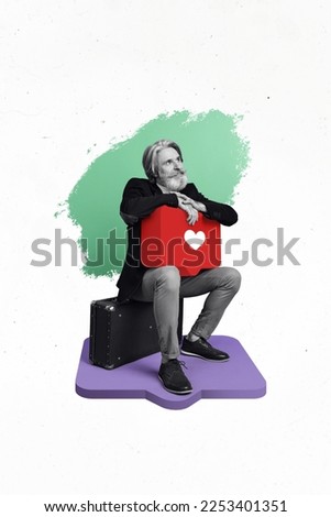 Vertical collage picture of black white gamma person sit suitcase hands hold big like notification isolated on painted background