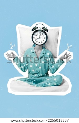 Vertical collage picture of black white gamma girl retro clock bell ring instead head sitting bed meditate isolated on blue background