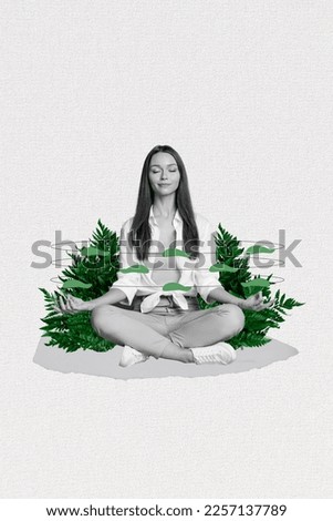 Vertical collage picture of black white effect positive girl meditate green plant bush leaves isolated on creative background