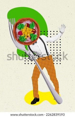 Vertical collage picture of black white colors mini person pizza instead head hands hold fork isolated on drawing background