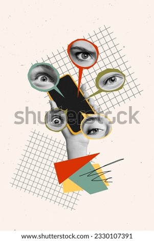 Vertical collage picture of black white colors arm hold smart phone display watching spying eyes isolated on creative background
