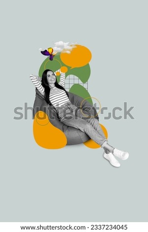 Vertical collage picture of black white colors positive minded girl sit comfort beanbag think butterfly clouds isolated on grey background