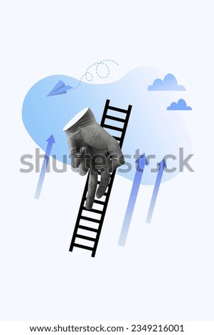 Vertical collage picture of black white colors arm fingers climb ladder upwards clouds sky flying plane isolated on creative background