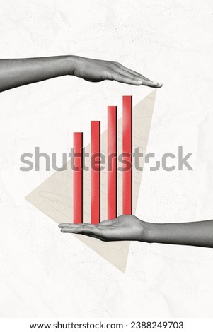 Vertical collage picture of black white colors two arms hold protect growing stats graph isolated on paper background